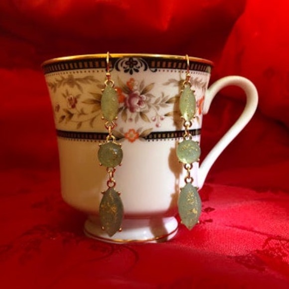 Dangling Green Opal and Gold Earrings - Picture 2 of 6